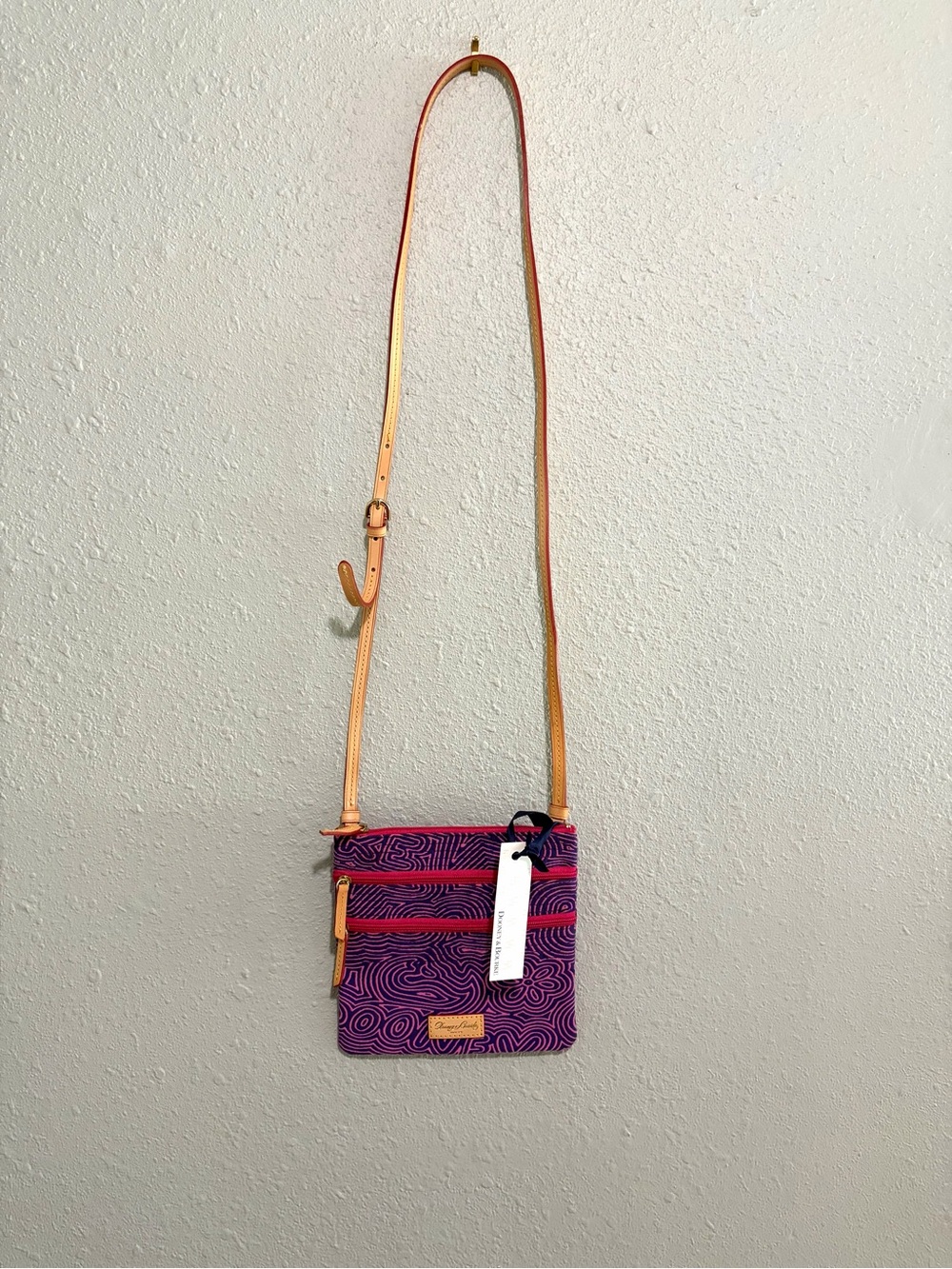 Dooney & Bourke Graffiti Triple Zipper Canvas Crossbody Swirl Logo Purple NEW